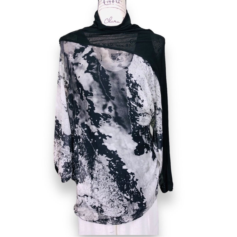 Yigal Azrouel Silk Tie Dye Black Gray Tunic Top